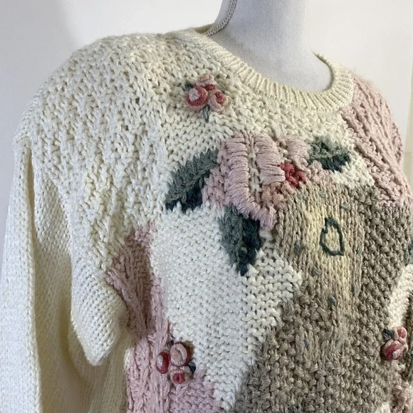 Classic Elements Vintage Chunky Hand Knit Sweater White Pink Flower Appliqué L - Picture 5 of 12